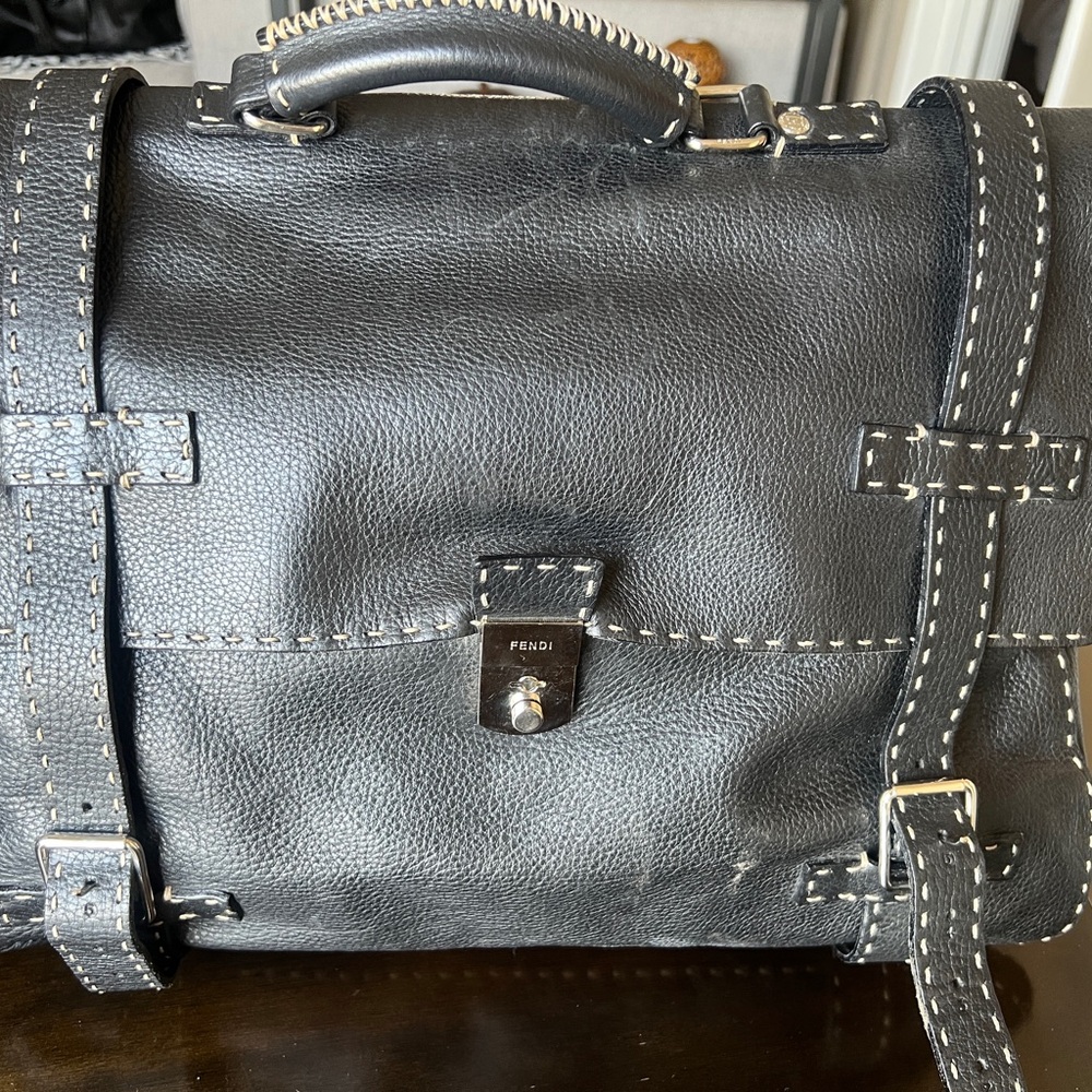 FENDI Black Leather Briefcase with Stitch Detail - Picture 12 of 13